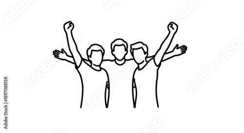 A line art illustration of three enthusiastic people with their arms raised in celebration, signifying teamwork, victory, or success.