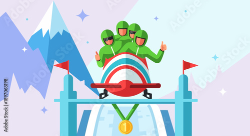 Triumphant athletes celebrating on a podium with a red airplane, surrounded by snowy mountains and flags