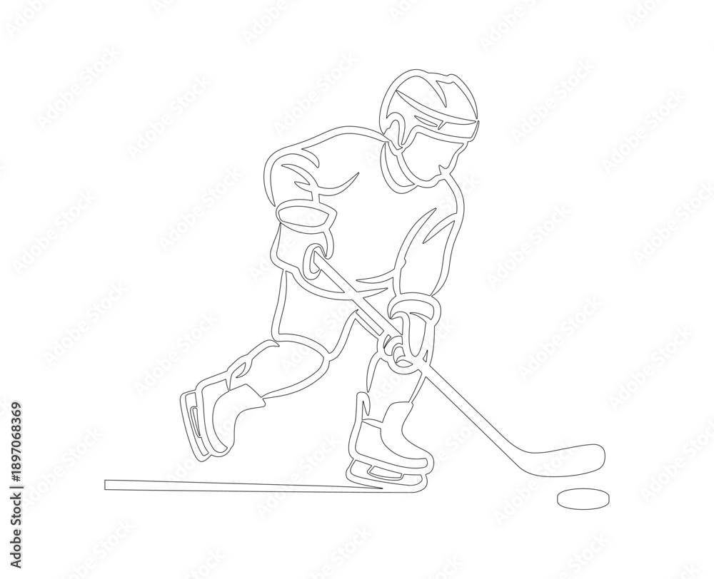 Fototapeta premium Single line of a hockey player in action with puck and stick sport skating.