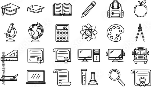 Education and Learning Black  White Line Art Icons Set. School, Academic, Science, and Study Outline Symbols Collection.