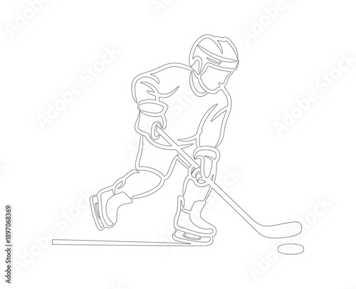 Single line of a hockey player in action with puck and stick sport skating.