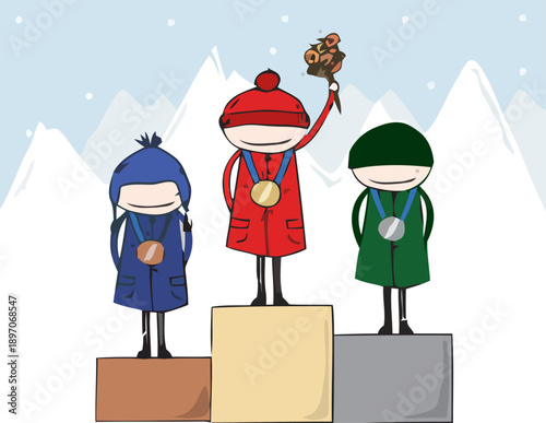 Cartoon illustration of three winners standing on a podium with medals and prizes in a snowy landscape
