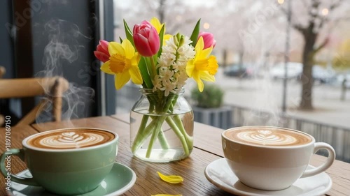 Cups of coffee with latte art and bouquet of flowers on table  