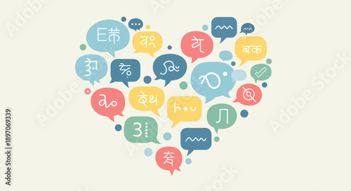 International Mother Language Day concept with language symbols in speech bubbles, promoting cultural diversity and inclusion