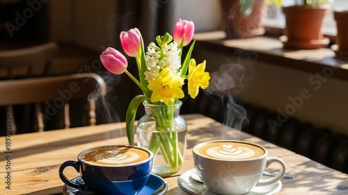 Coffee cups with steaming drinks beside colorful spring flowers  