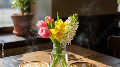 Colorful bouquet of spring flowers on table in cozy cafe  