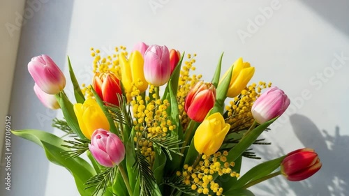 Colorful bouquet of tulips and mimosa on bright background  