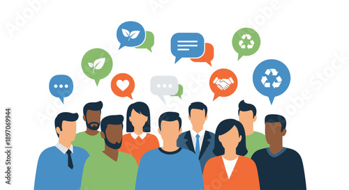 Global community celebrating International Mother Language Day with diverse people in dialogue and speech bubbles, promoting multilingual cultural diversity and inclusion