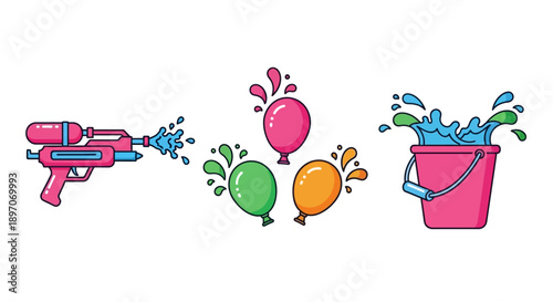 Colorful illustration of a water gun, balloons, and a bucket filled with water, symbolizing a fun summer scene with playful elements and vibrant colors.