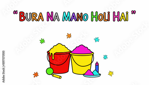 Vibrant Holi celebration illustration with colorful powders and buckets