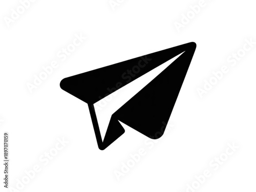Solid black paper airplane icon, sleek design, sharp folds, upward trajectory, symbolizing message or send.