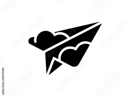 Stylized black paper airplane icon with integrated cloud and heart shapes