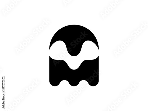 Minimalist black ghost icon with wavy white negative space, abstract cartoon character