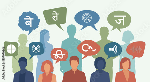 International Mother Language Day concept with diverse people and speech bubbles promoting multilingual communication and cultural diversity in a modern, minimal, flat vector illustration