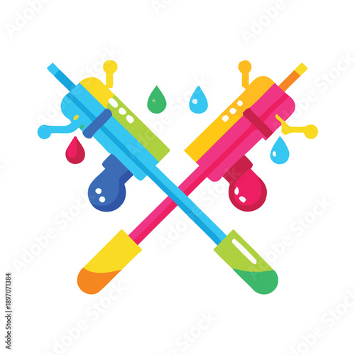 Two colorful syringes crossing each other with colorful liquid droplets around them, symbolizing creativity and medical concept