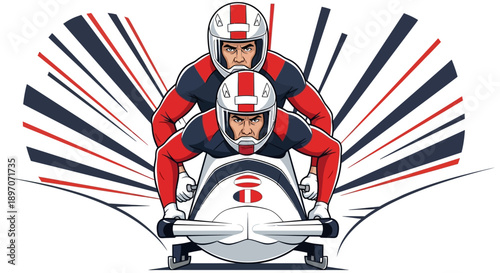 Two athletes riding a bobsled down an icy track at high speed from a frontal perspective