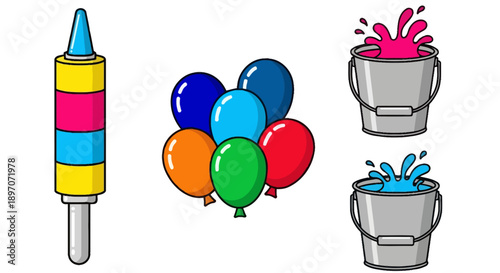 A vibrant party scene with a confetti popper, colorful balloons, and paint buckets overflowing with paint, captured from a straight-on viewpoint