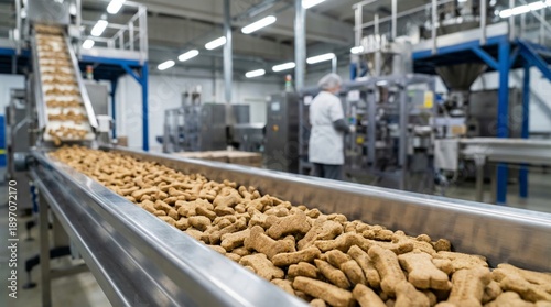 Automated pet food production line with dog treats on conveyor belt