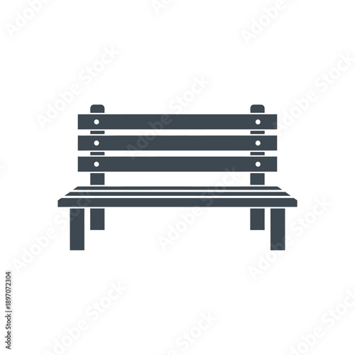 A simple dark gray park bench is depicted against a white background.