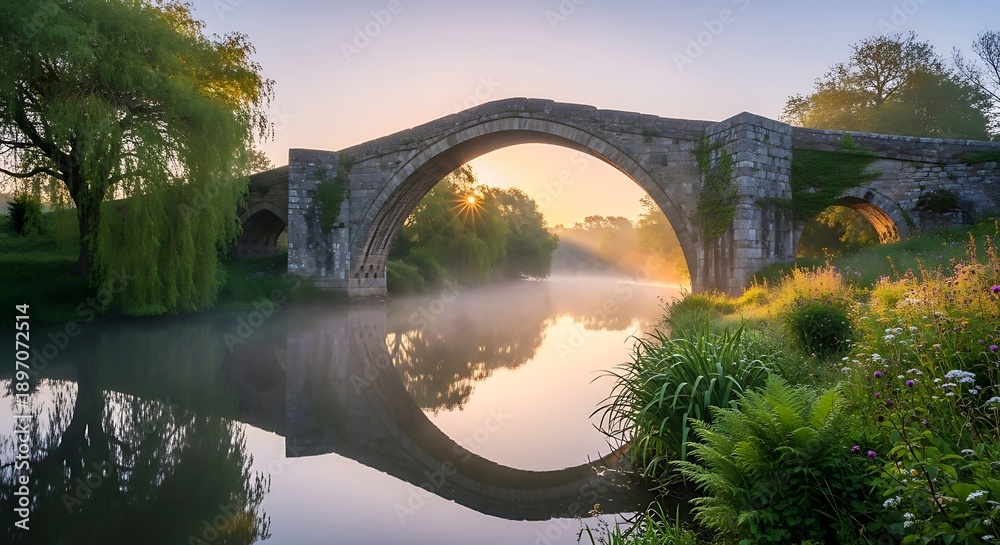 Fototapeta premium Ancient stone bridge over calm river at golden sunset with misty reflection