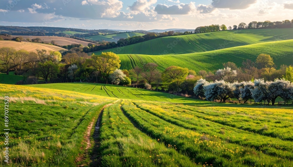 Fototapeta premium Rolling green farmland with dirt path in sunny countryside landscape summer scenery