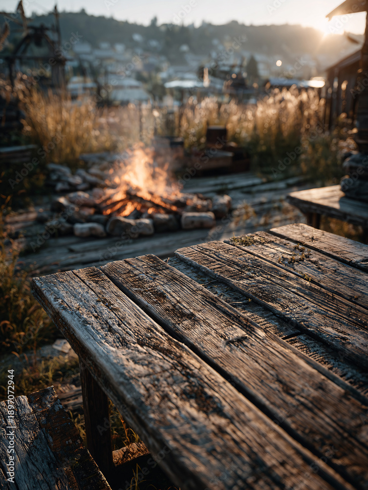 Fototapeta premium Fire Pit on Wooden Pier at Sunset - Lakeside Campfire Outdoor Relaxation