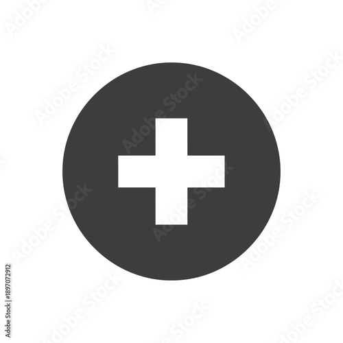 A white plus sign is centered within a dark gray circle, representing a medical or add symbol.