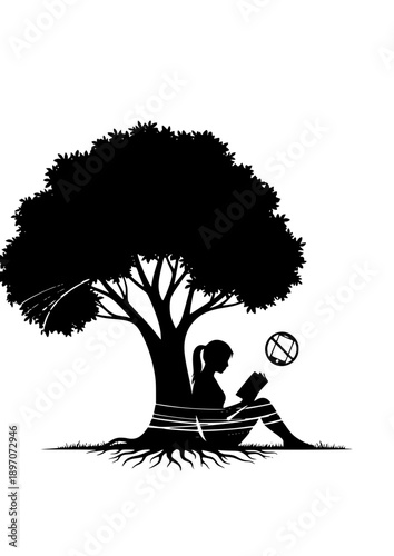 Digital Detox and Mental Health Silhouette Person Reading Book Under Tree Vector Illustration