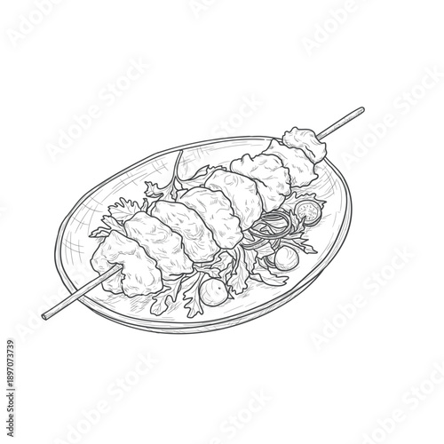 Dish with fried chicken or kebab on skewer, sketch. Vector illustration. Delicious dinner on plate, drawing isolated on white background. Healthy and satisfying food and nutrition concept for Ramadan
