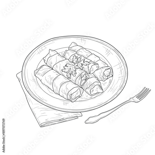 Dolma in a porcelain plate, sketch. Vector illustration. Delicious dinner, cabbage rolls, drawing isolated on a white background. Healthy and satisfying food and nutrition concept for Ramadan