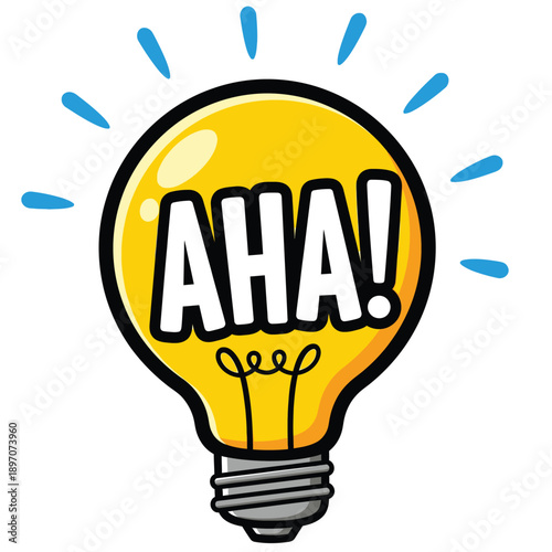 Bright yellow light bulb with the word 'AHA!' inside, symbolizing a moment of sudden realization, a great idea, or inspiration.