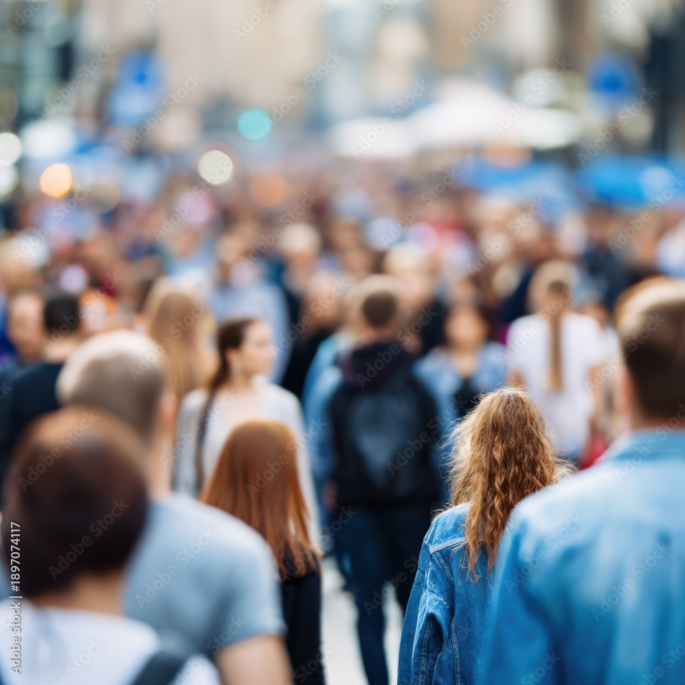 Obraz premium Busy urban street with diverse crowd of young adults in cityscape