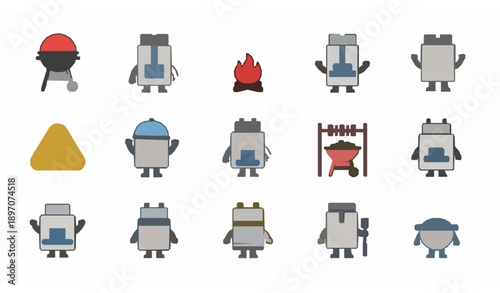 Cute cartoon barbecue grill characters flat vector illustration set