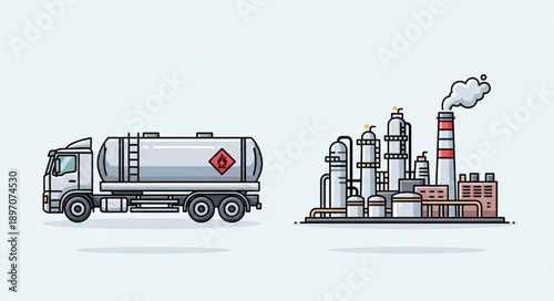 Fuel tanker truck and industrial oil refinery complex illustration.