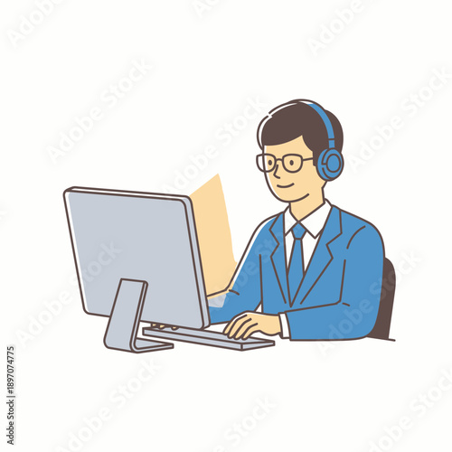 Man in blue suit wearing headphones, sitting at a desk and working on a computer with a smile