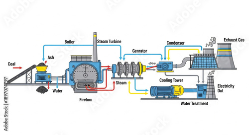 Diagram of a coal-fired power plant energy generation process.