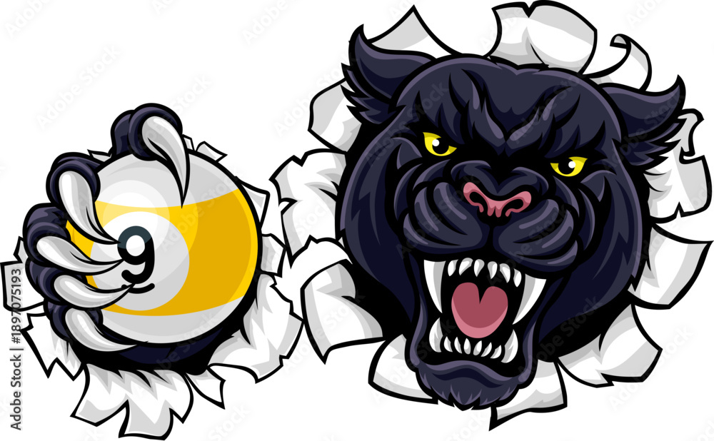 Obraz premium Panther nine ball pool billiards sports mascot holding a 9 ball cartoon illustration