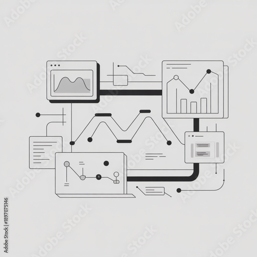 Abstract minimalist line art illustration depicting interconnected data analysis charts, graphs, and technological processes.