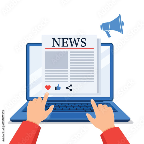 Hands interacting with a laptop displaying a news article, symbolizing online journalism, digital media consumption, and information access.