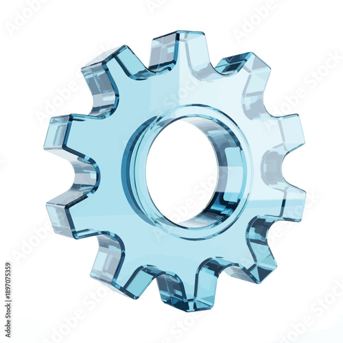 A clear blue glass gear is displayed against a white background.