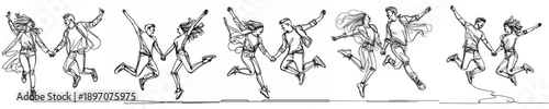 line art of a couple jumping happily while holding hands on Valentine's Day