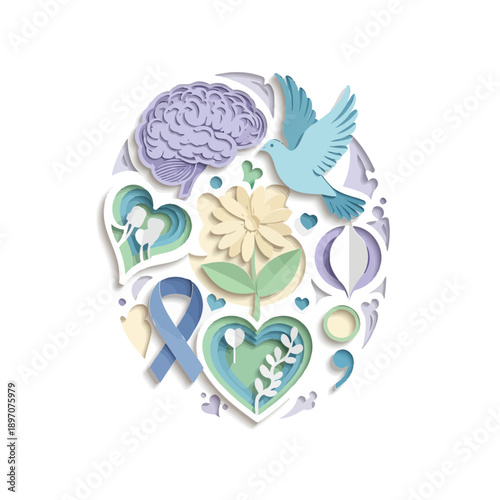 Brain, Heart, and Dove in a Circle A Symbol of Peace, Hope, and Mental Well-being