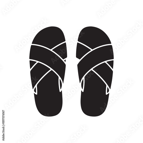 Cross band slippers black glyph icon. Footwear for lounging at home. Comfortable shoes. Domestic flip flops. Homeware and sleepwear. Silhouette symbol on white space. Vector isolated illustration