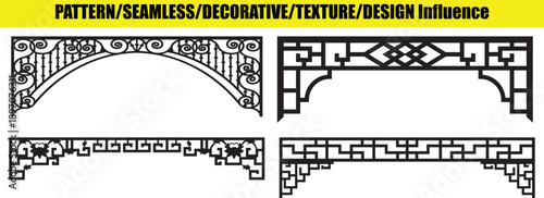 Black and white geometric design featuring floral and abstract shapes