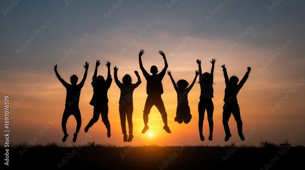 Fototapeta premium Group of Young People Silhouetted Against a Vibrant Sunset While Jumping with Joy and Celebration