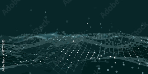 Abstract digital landscape with glowing mesh and particle effects