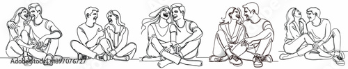 line art of a couple sitting on the floor laughing together on Valentine's Day