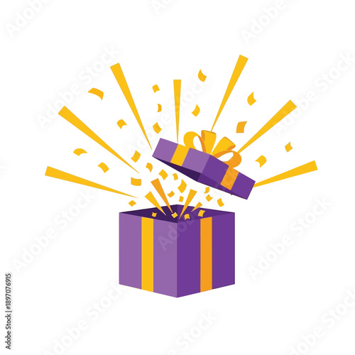 Surprise gift box bursting open with golden confetti and streamers, symbolizing celebration and unexpected joy.