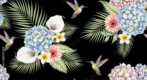 Floral pattern with hummingbirds and flowers on black background
