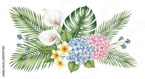 Watercolor floral arrangement featuring calla lilies hydrangea and tropical leaves